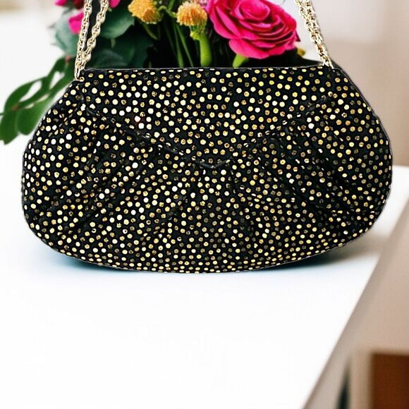 Lauren Merkin Suede Bag Black Gold Metallic Dots Chain Strap Evening Baguette. - Picture 14 of 16